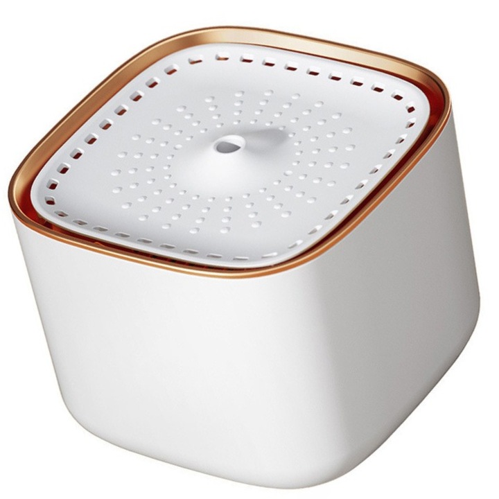Dispenser apa automat, tip fantana pentru pisici si caini, cu purificare si filtrare prin carbune activ, Fantana de baut pentru caini, fantana de baut pentru pisici, dozator automat de apa cu circulatie, 3L, silentios, adaptor priza, Alb cu auriu