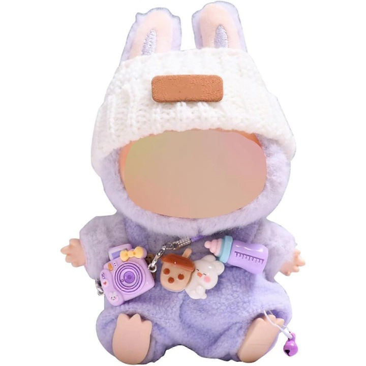 Labubu babaruha szett, kalap, ruhák és kiegészítő, lila, 17cm