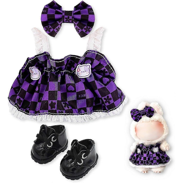 Лилава пола и черни обувки за 17 см кукла Labubu, комплект аксесоари
