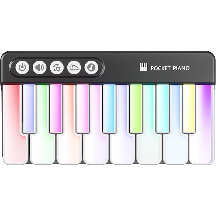 Pianina jucarie BOMSTOM, 15 melodii, lumini, negru, 15.2x8.2x3 cm