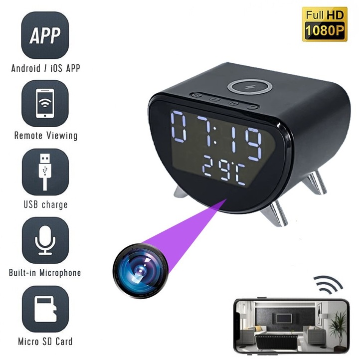 Camera Spion Wi-Fi Ascunsa in Ceas de Birou SZ07, Inregistrare Audio-Video, Memorie Interna 32GB, Full HD, Activare la Miscare, cu Aplicatie Live
