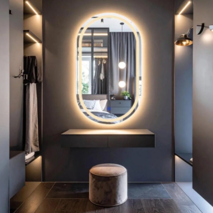 Oglinda decorativa flotanta ovala cu LED, tactila, sablata, 60x80 cm