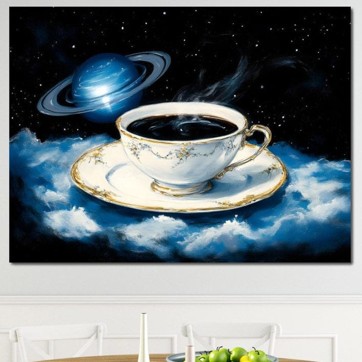 Tablou Canvas Premium, LuxCanva® N1150, Orbita Albastra, 90 X 120 CM, Panza Bumbac 100% 400g/m2, Sasiu Lemn, Ceasca, Cafea, Espresso, Aburi, Planeta, Cosmos, Stele, Cafenea, Pub, Bar, Lounge, Restaurant, Bucatarie