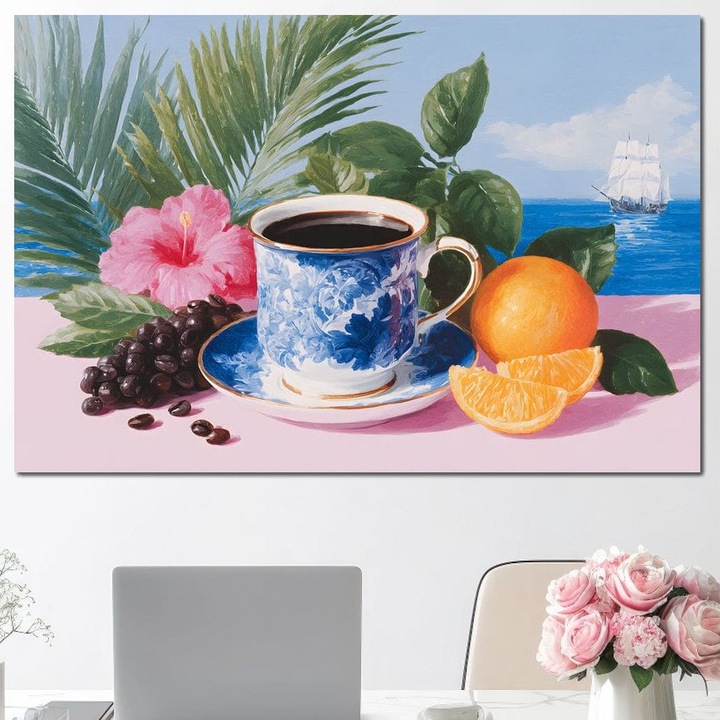 Tablou Canvas Premium, LuxCanva® N1154, Arome la Rasarit, 100 X 150 CM, Panza Bumbac 100% 400g/m2, Sasiu Lemn, Portocala, Flori, Frunze, Ceasca, Cafea, Barca, Vacanta, Ocean, Insula, Cafenea, Pub, Bar, Lounge, Restaurant, Bucatarie