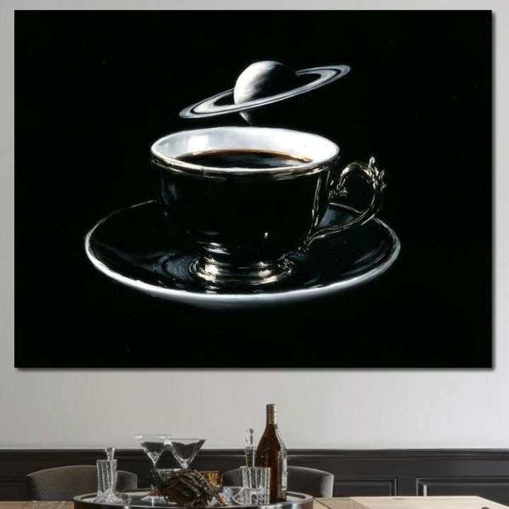 Tablou Canvas Premium, LuxCanva® N1157, Orbita Neagra, 75 X 100 CM, Panza Bumbac 100% 400g/m2, Sasiu Lemn, Cafea, Espresso, Ceasca, Vintage, Planeta, Misterios, Modern, Cafenea, Pub, Bar, Lounge, Restaurant, Bucatarie