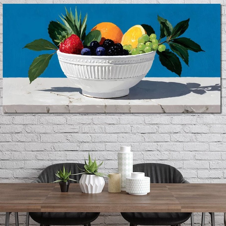 Tablou Canvas Premium, LuxCanva® N1156, Compozitie Fructata, 70 X 140 CM, Panza Bumbac 100% 400g/m2, Sasiu Lemn, Bol, Fructe, Capsuni, Portocale, Struguri, Fructe de Padure, Vitamine, Restaurant, Bucatarie