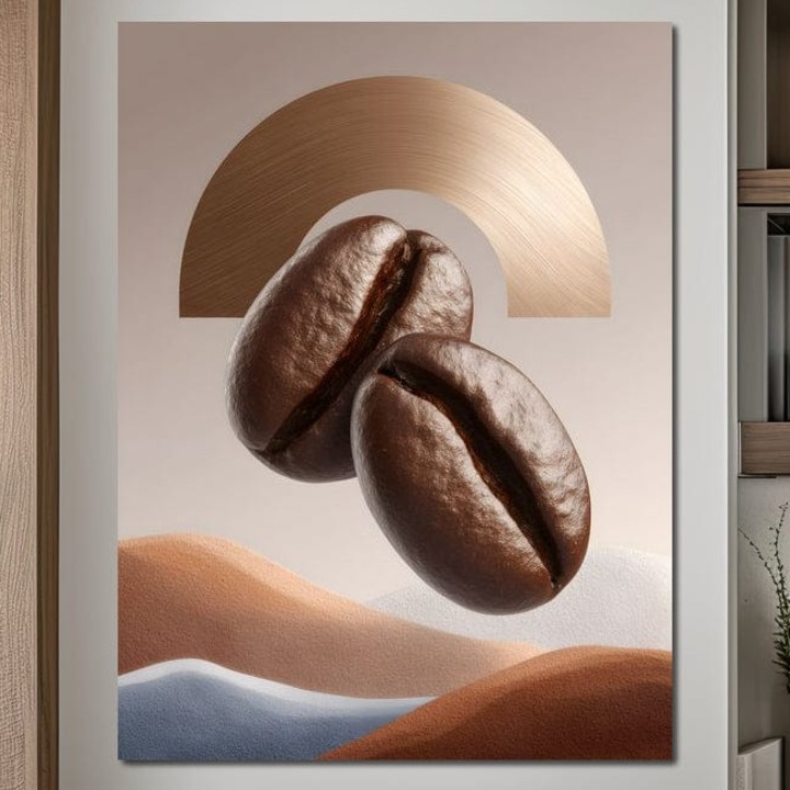 Tablou Canvas Premium, LuxCanva® N1153, Duo Espresso, 90 X 120 CM, Panza Bumbac 100% 400g/m2, Sasiu Lemn, Matinal, Semicerc, Auriu, Arta Abstracta, Boabe de Cafea, Design, Aroma, Cafenea, Pub, Bar, Lounge, Restaurant, Bucatarie