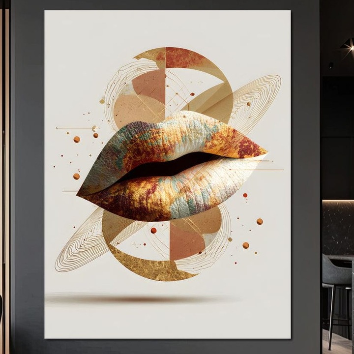 Tablou Canvas Premium, LuxCanva® G1234, Sarutul Universului, 75 X 100 CM, Panza Bumbac 100% 400g/m2, Sasiu, Lemn, Auriu, Vibratie, Tacere, Univers, Geometric, Modern, Futurist, Design, Estetic, Spatial, Colaj, Energie, Feminism, Salon, Living, Dormitor