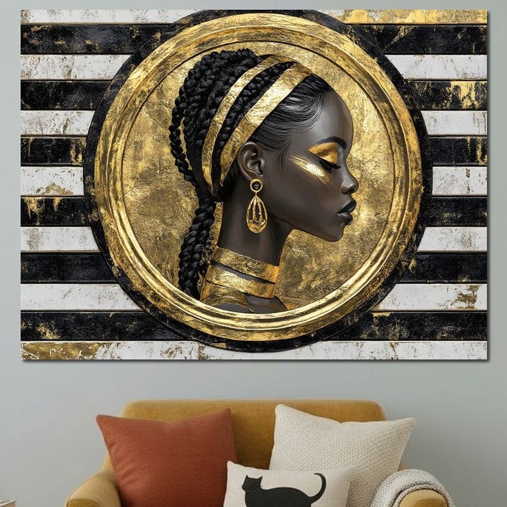 Tablou Canvas Premium, LuxCanva® G1229, Portret Afro Modern, 90 X 120 CM, Panza Bumbac 100% 400g/m2, Sasiu, Lemn, Regalitate, Aur, Negru, Ecou, Putere, Liniste, Zeitate, Modern, Cerc, Esenta, Minimalism, Lux, Contrast, Sofisticat, Salon, Living, Dormitor