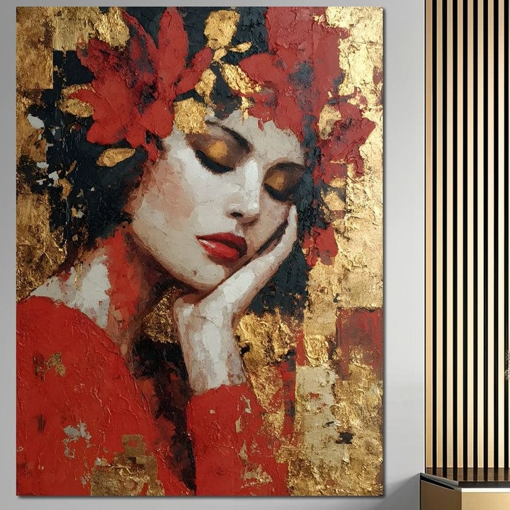 Tablou Canvas Premium, LuxCanva® G1227, Rasuflarea Luminii, 75 X 100 CM, Panza Bumbac 100% 400g/m2, Sasiu, Lemn, Visare, Aur, Rosu, Tacere, Toamna, Catifea, Ganduri, Melancolie, Flori, Portret, Rafinament, Mister, Pasiune, Salon, Living, Dormitor