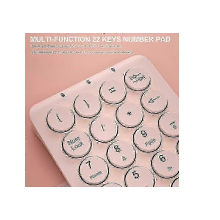 Tastatura numerica wireless Bluetooth cu 22 de taste rotunde, roz, set reincarcabil