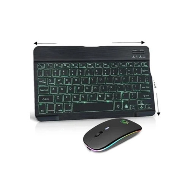 Tastatura wireless pentru iPad, iluminata, set cu mouse, spaniola
