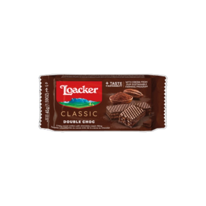 Napolitane Loacker Double Choc, 45g, cu cacao si crema de ciocolata