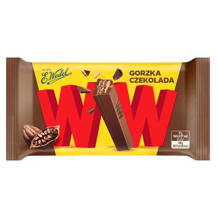 Wafel cu ciocolata amara Wedel, 47g, contine arahide, gluten
