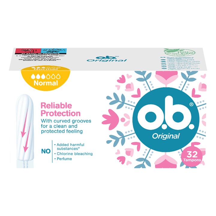 o.b. Original Normal tamponok, 32 darab, normál nedvszívó képességű, káros anyagoktól mentes, 100% növényi
