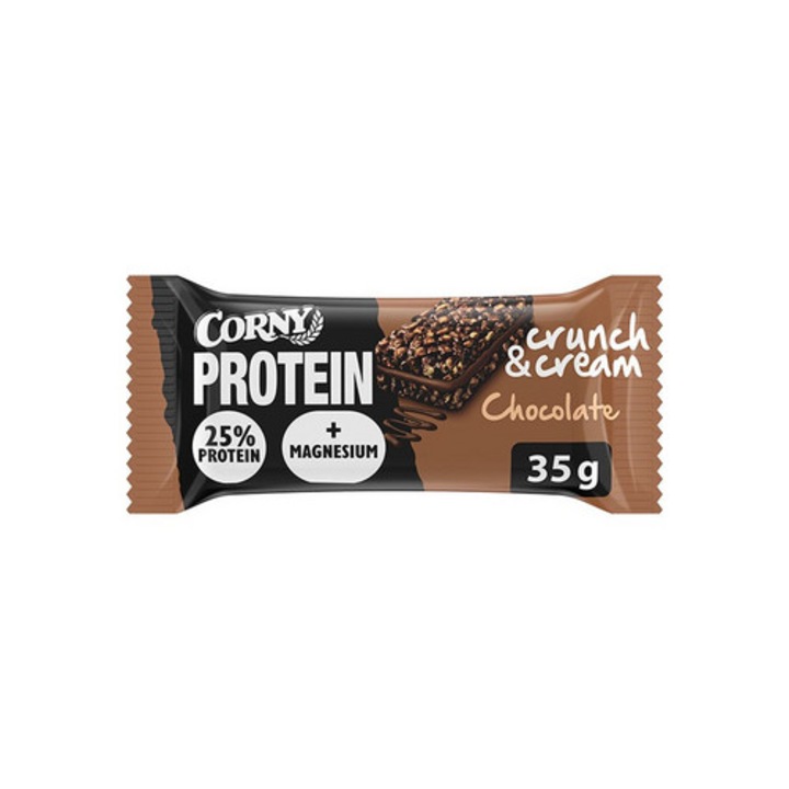Corny Crunch & Cream fehérjeszelet csokoládéval, 35g, 25,1g fehérje, 0,64g só