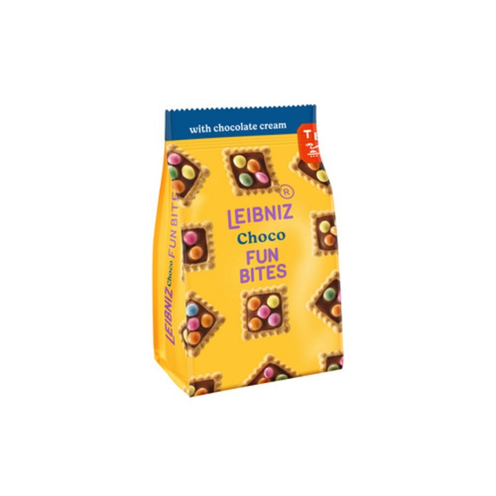 Biscuiti cu crema de ciocolata Leibniz Fun Bites, 100g, cu ciocolata neagra, 19% crema de ciocolata, 18% drajeuri