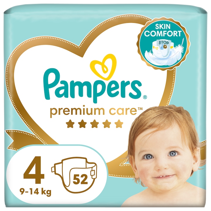 Pampers Premium Care, marimea 4 (9-14 kg), set 52 bucati, absorbtie mare, cu indicator de umiditate