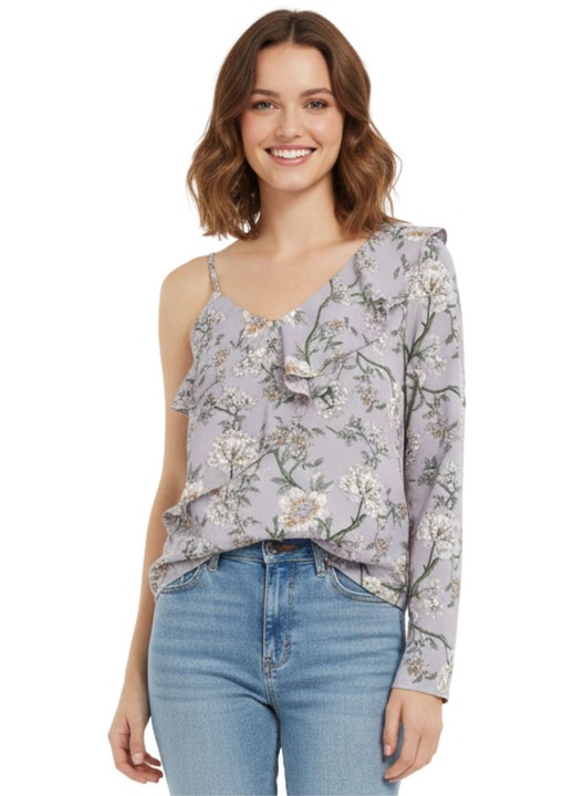 Bluza dama s.Oliver asimetrica, violet, poliester, cu flori, L INTL