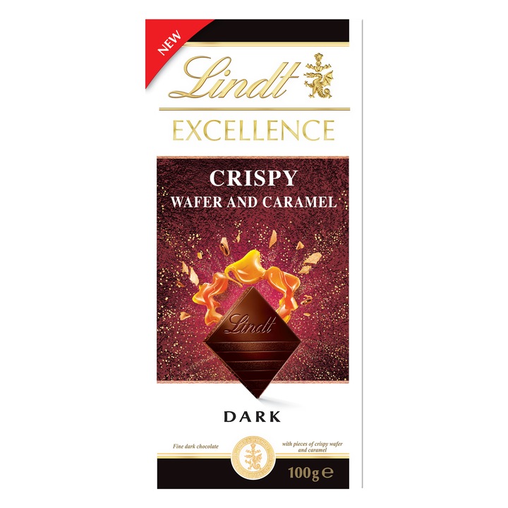 Ciocolata neagra cu napolitana crocanta si caramel, Lindt, 100g