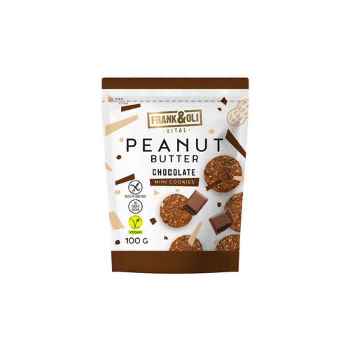 Mini biscuiti cu unt de arahide si ciocolata Frank&Oli, 100g, fara gluten, vegan