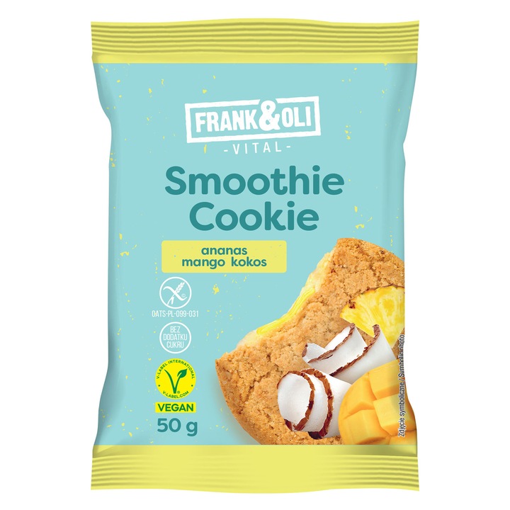 Biscuit cu ovaz Frank&Oli cu umplutura de cocos, ananas si mango, 50 g