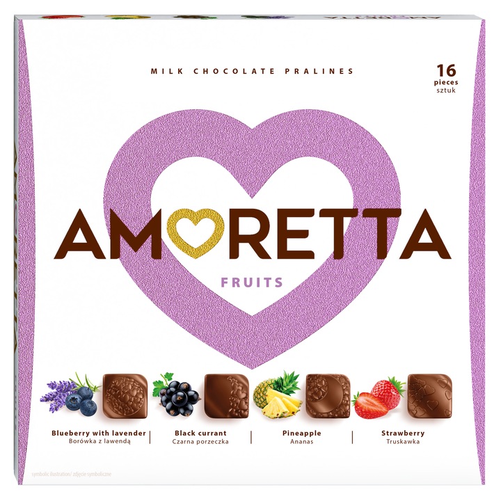 Praline Amoretta, 109g, cu umpluturi de ananas, coacaze negre, capsuni, afine