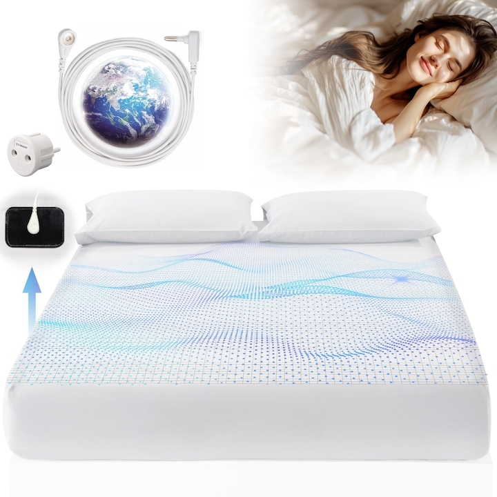 Чаршаф с ластик, 200x200x30, бял, CASAMEDI, 95% органичен памук със сребърни нишки, кабел и адаптер за контакт включени, по-добър сън, облекчаване на болката, повишаване на енергията