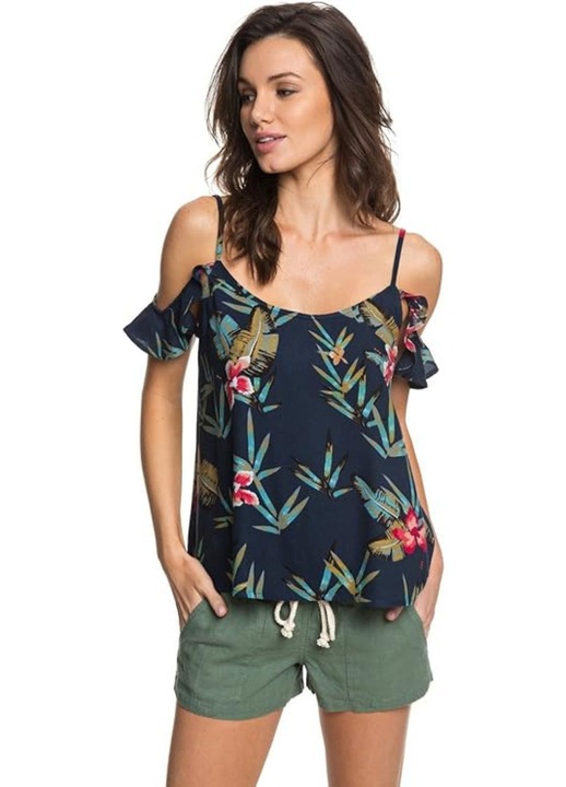 Дамска блуза Roxy, с голи рамене, с флорални мотиви, тъмносиня, 100% вискоза, свободна кройка, L INTL