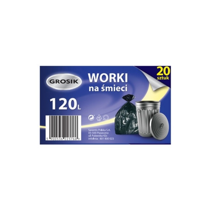 Торбички за битови отпадъци Grosik, 120л, комплект 20 броя, черни, 18x6см