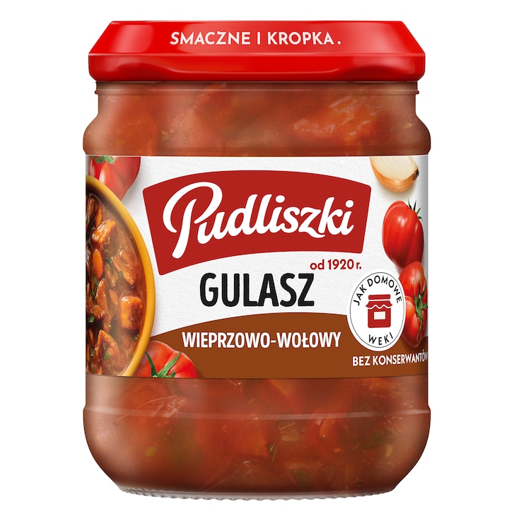 Gulas de porc si vita Pudliszki 460g, continut de carne 38,6%, cu ceapa