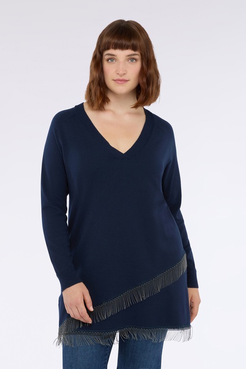 Fiorella Rubino, Pulover cu franjuri si decolteu in V, Albastru inchis