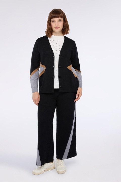 Fiorella Rubino, Cardigan cu nasturi si decolteu in V, Negru stins/Gri melange, M