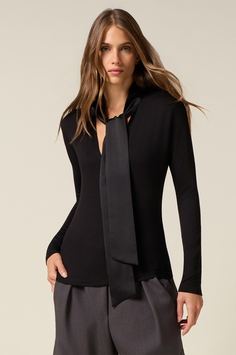 Oltre, Bluza slim-fit cu funda din panglici, Negru, XL