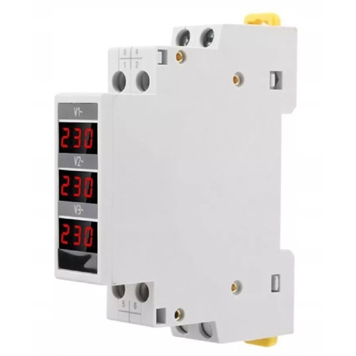 Voltmetru trifazat pe sina, 80-500V AC, 18x81x66mm, alb