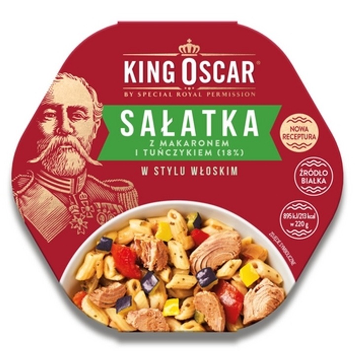 Salata cu ton stil italian, King Oscar, 220g, contine paste, rosii, ardei galben, vinete grillate