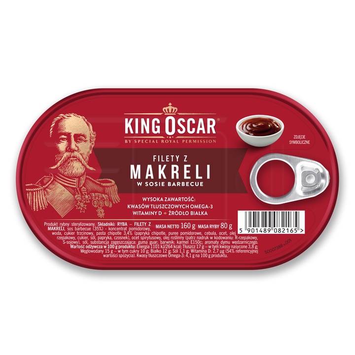 Fileuri de macrou in sos barbecue King Oscar 160g, continut ridicat de acizi grasi omega-3, 80g dupa scurgere