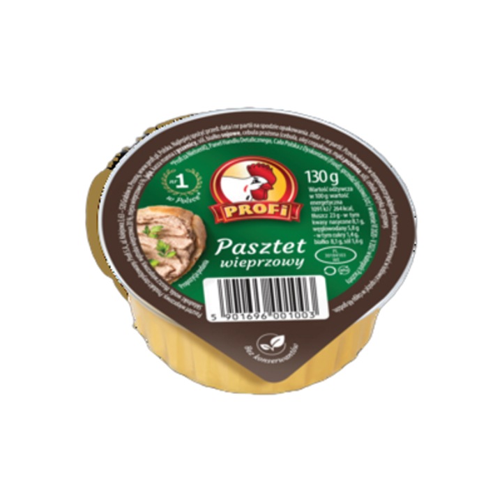 Pate de porc Profi 130 g, cu carne de porc 6%, oua, fara alergeni din peste, crustacee, nuci, telina, mustar, lapte, soia, gluten