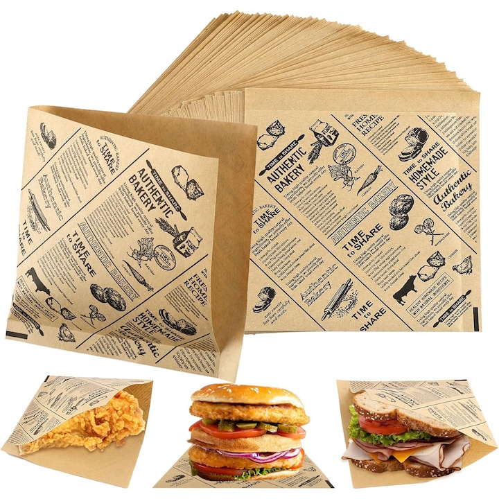 Pachet de 150 de coli groase de hartie pentru burgeri, coli de hartie pentru delicatese, hartie pentru branzeturi, pungi impermeabile si rezistente la ulei pentru burgeri, hartie pentru sandvisuri, hartie de ambalat pentru burgeri, chipsuri, paine cu unt
