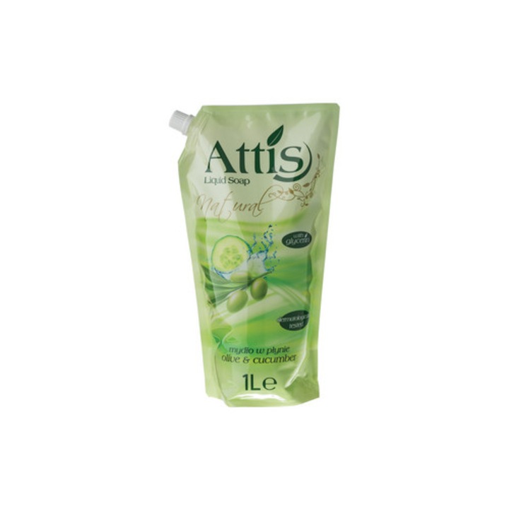 Течен сапун ATTIS, 1л, с масло от маслини и краставица, за ръце и тяло, без дразнения