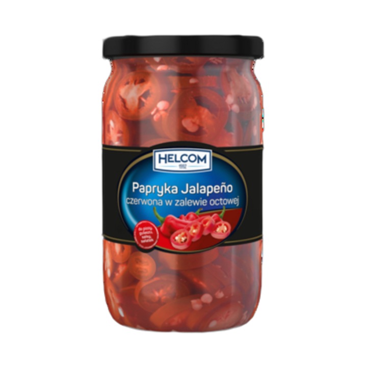 Conserve de ardei jalapeno rosu in otet 680 g, HELCOM, 720 ml, contine lapte si susan