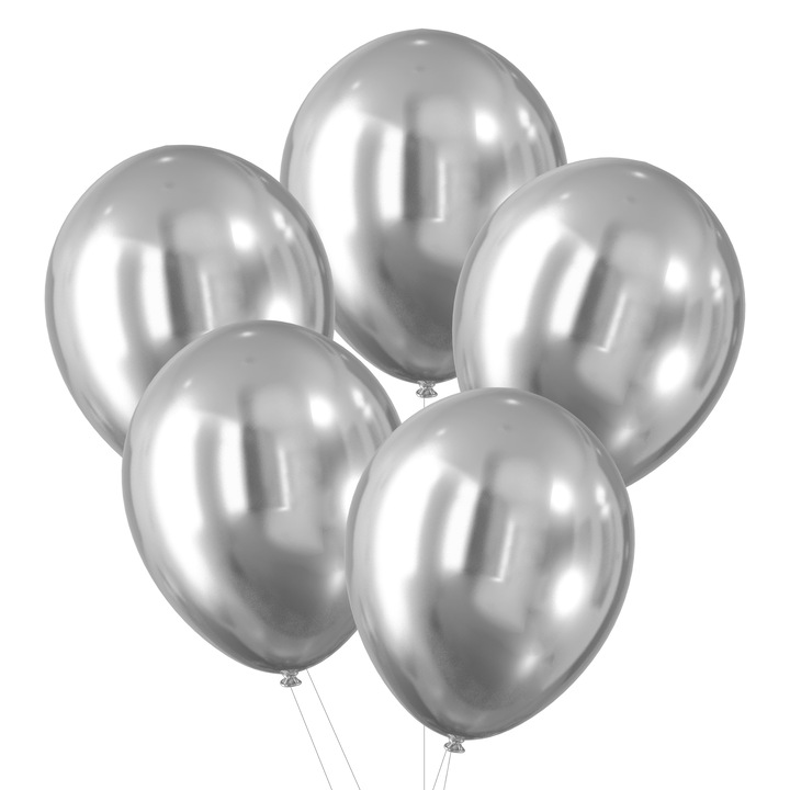 Балони, Celebrate!, комплект 5 броя, хромирани, 30см, сребристи