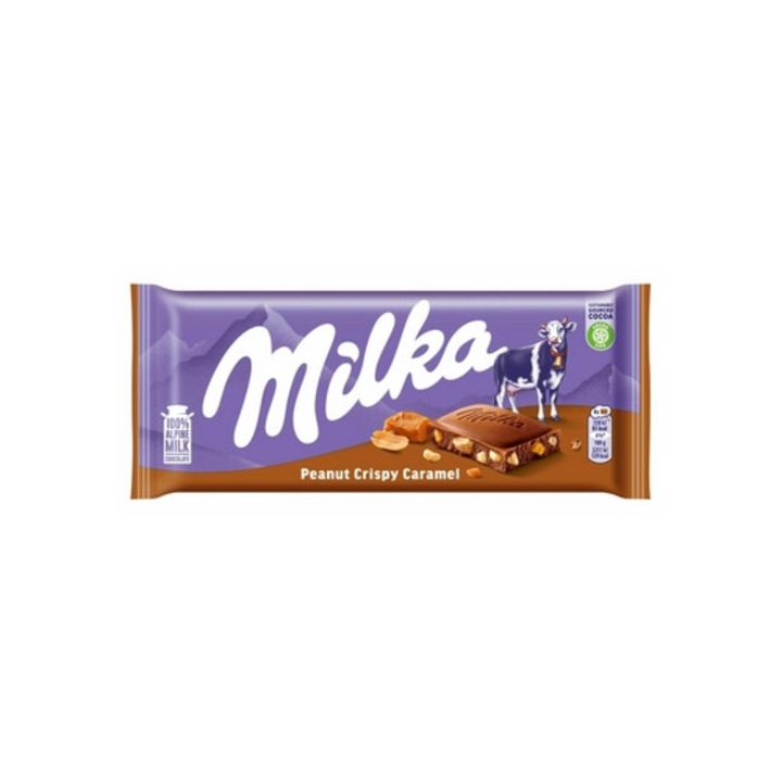 Ciocolata cu lapte, Milka, cu alune si caramel, 90g