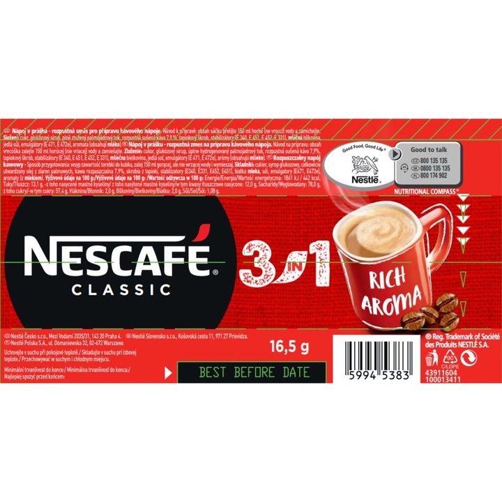Cafe Nescafe 3in1 Classic, bautura instant, 10 plicuri x 16,5g, cu lapte, zahar
