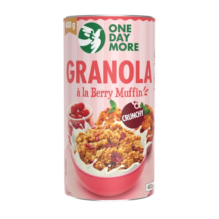 Granola cu aroma fructe, OneDayMore, 400g, contine ciocolata si merisoare