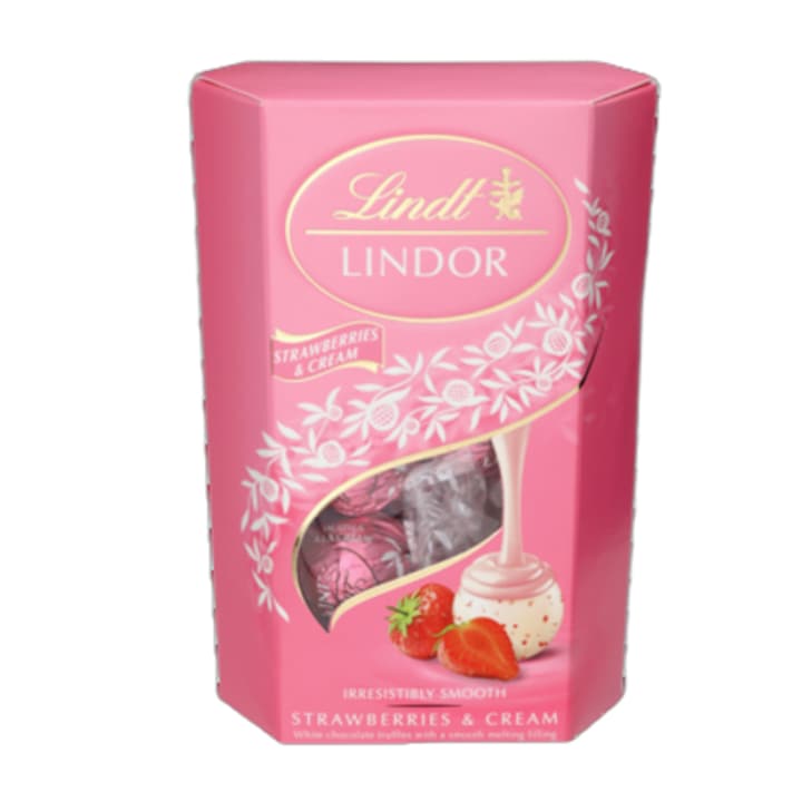 Bomboane de ciocolata LINDT LINDOR cu trufe de capsuni si umplutura de smantana, 200g