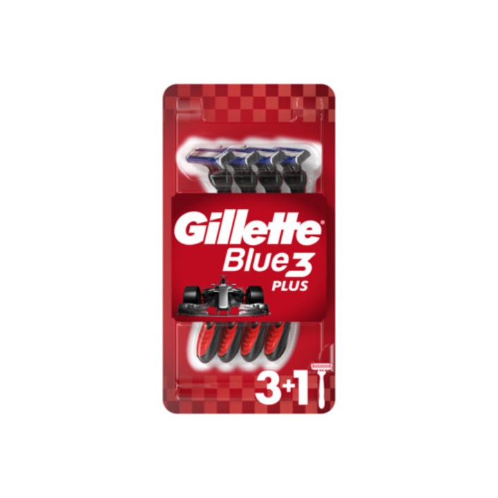 Aparat de ras Gillette Blue3, set 4 bucati, 3 lame, cu banda hidratanta, rosu