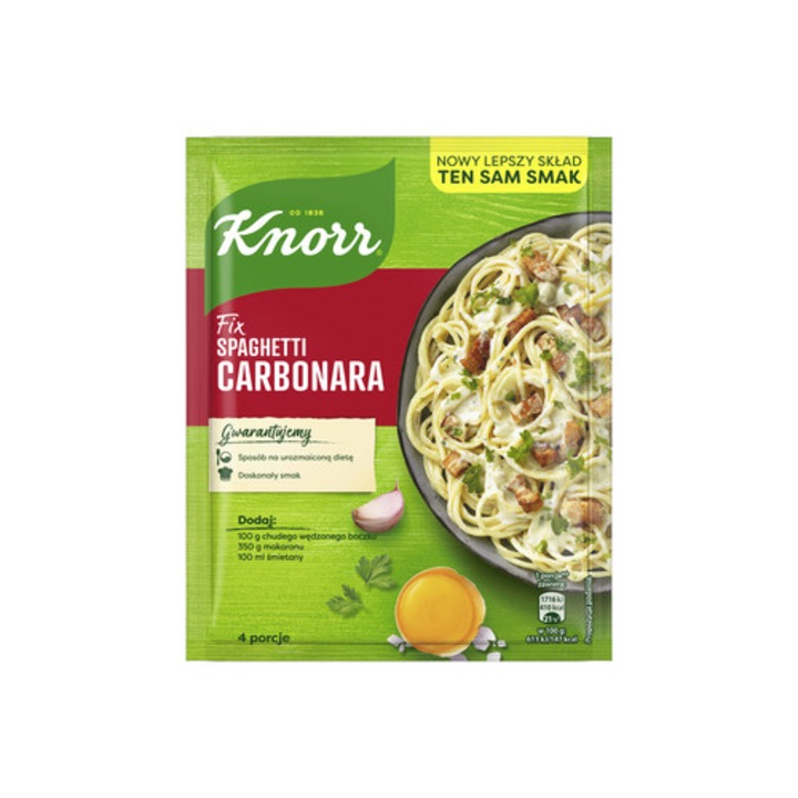 Sos Knorr Fix Spaghetti Carbonara, 38g, cu branza topita si bacon, aromatizat, pentru paste