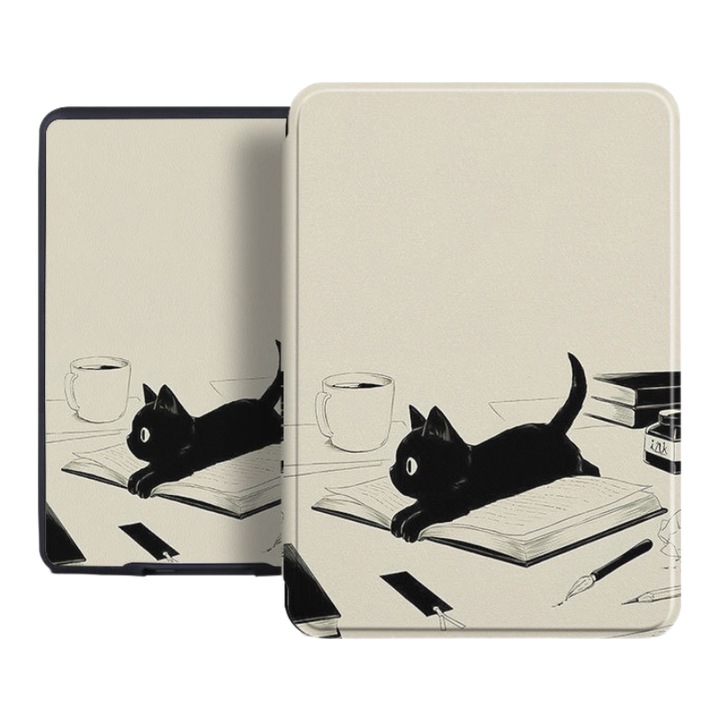 Husa OOGuai pentru Kindle Paperwhite 2018, moale, cu trezire automată, Pisica cititoare, 6 inch, 171x123x14mm