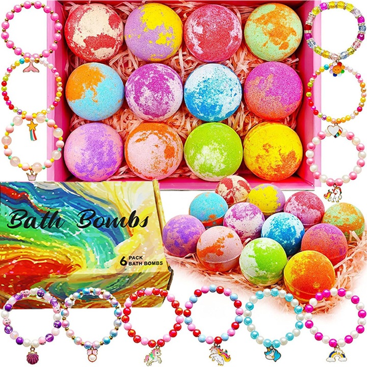 Set 12 Bombe de Baie Efervescente pentru Copii, Rqiurpn, Bratara Bath Bombs cu Surpriza in Interior, Cu Arome si Culori Diferite, Cu unt de Shea si uleiuri esentiale, Ingrediente naturale, Multicolor